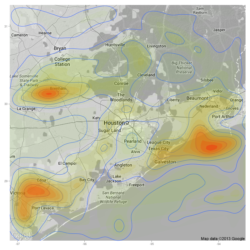 Map with contours showing unphysical behaviour of contours near border of map.
