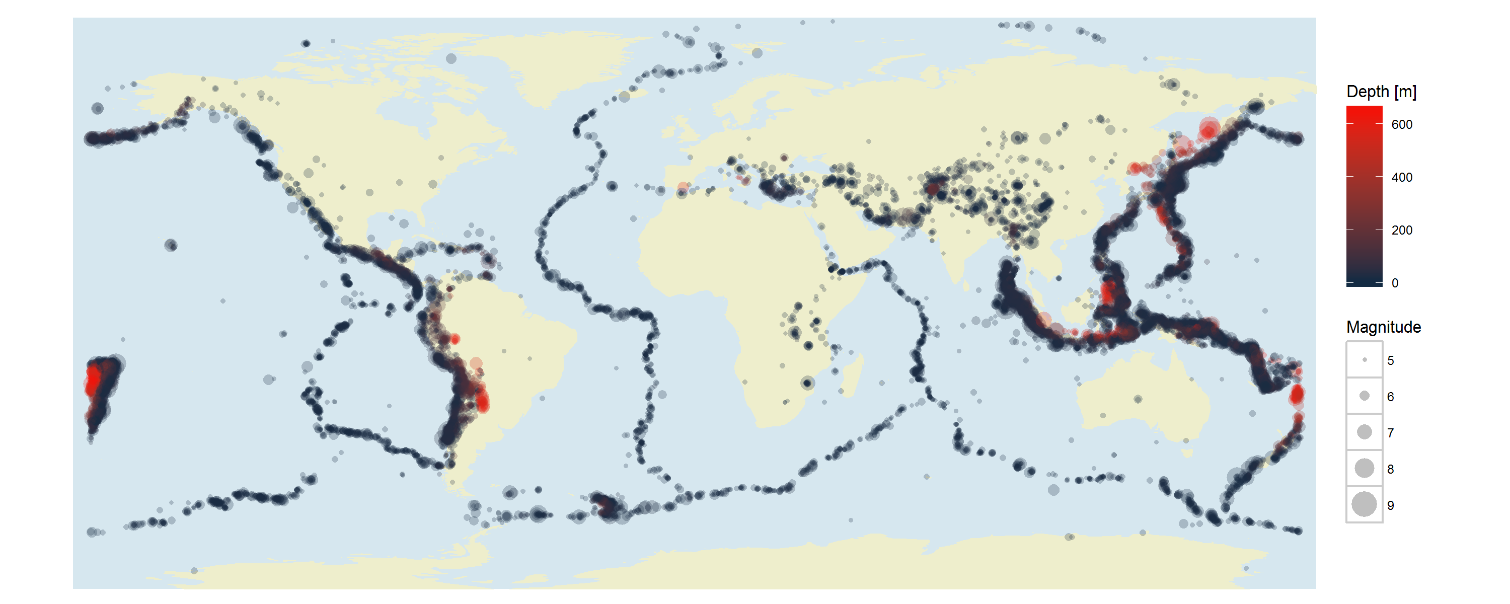 Map with earthquake locations showing both depth and magnitude.