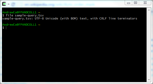 CYGWIN window showing results from running the file command on a TSV file.