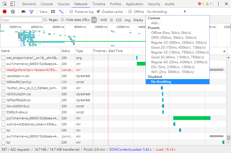 Choosing connection speed to emulate in Chrome DevTools.