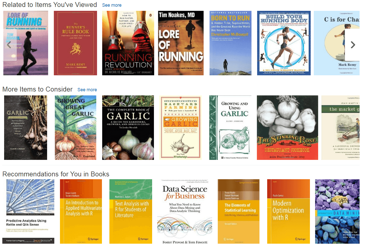 Amazon book recommendations showing running, garlic gardening and data science titles.
