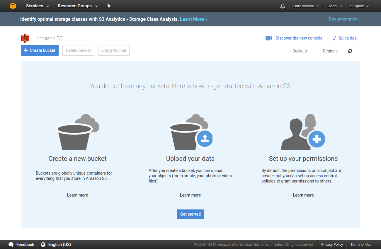 The AWS S3 management console.