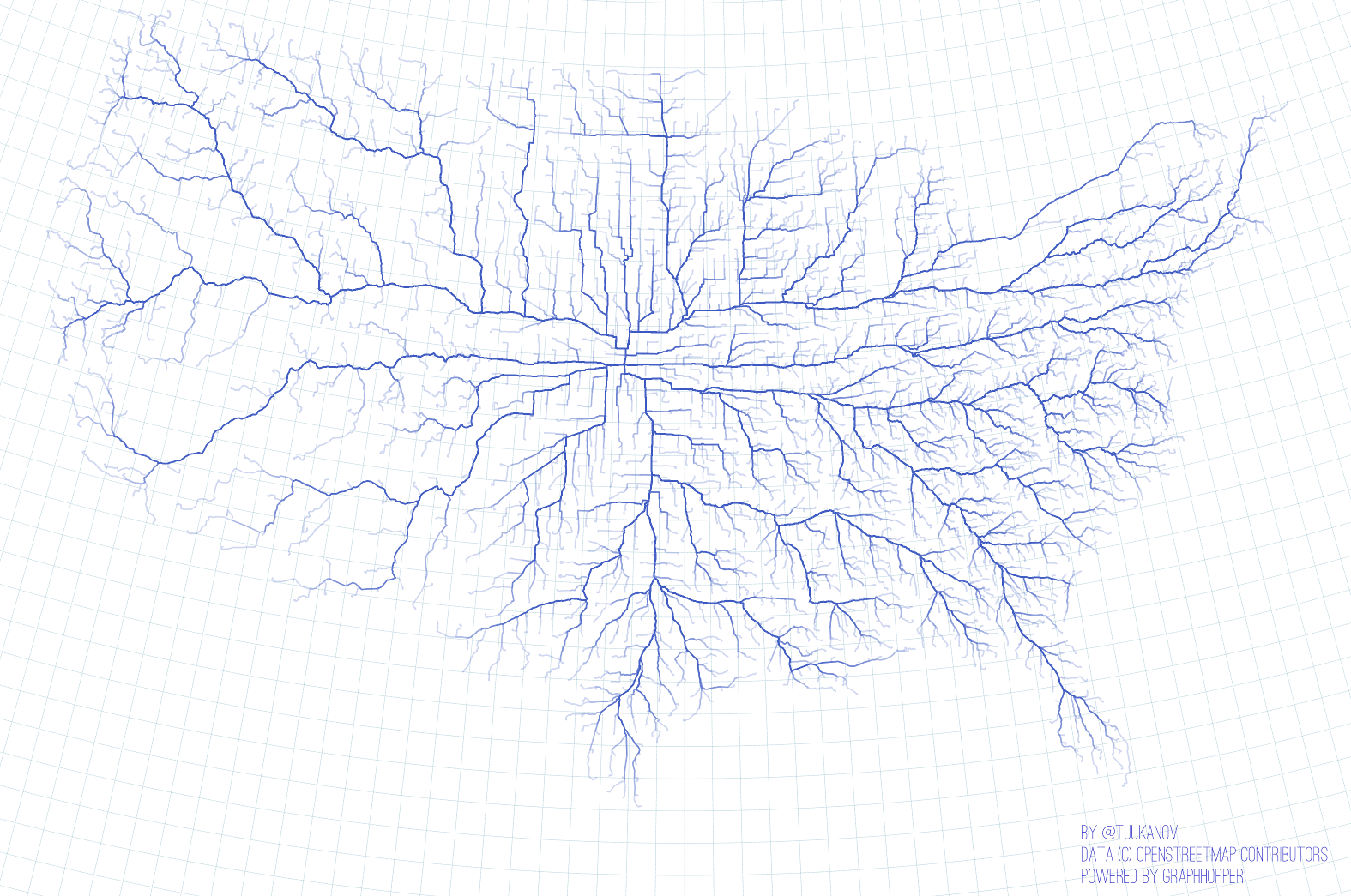 Map showing optimal routes from geographic centre of the USA to all counties.
