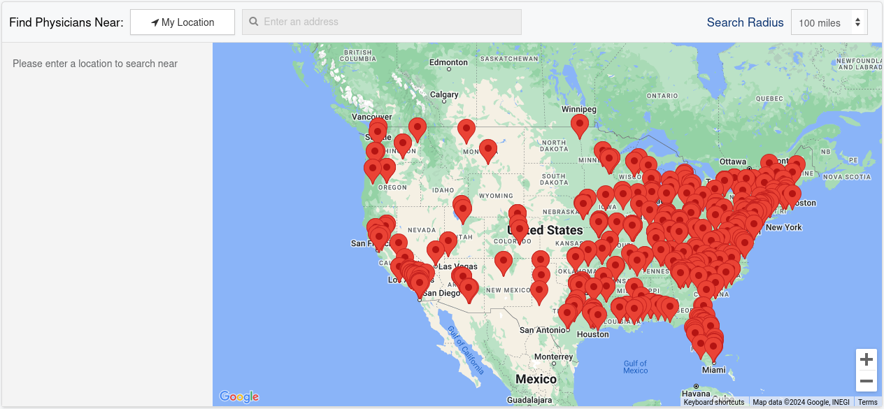 An embedded Google map of the United States with many physician location markers.
