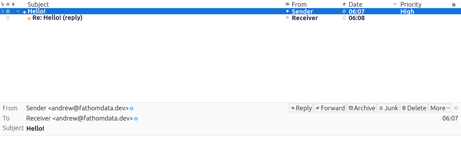 Thunderbird displaying an email and its reply grouped into a single thread.
