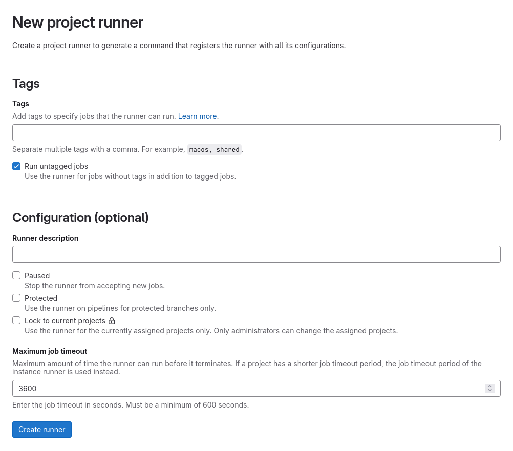 The GitLab form for creating a new project runner with tags, options and timeout settings.